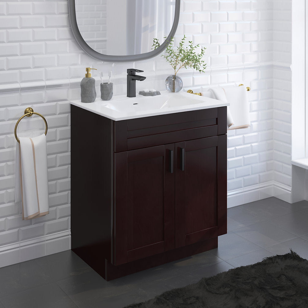 RTA Espresso Shaker 30" Freestanding Bathroom Vanity Sink Base with Optional Quartz or Ceramic Countertop