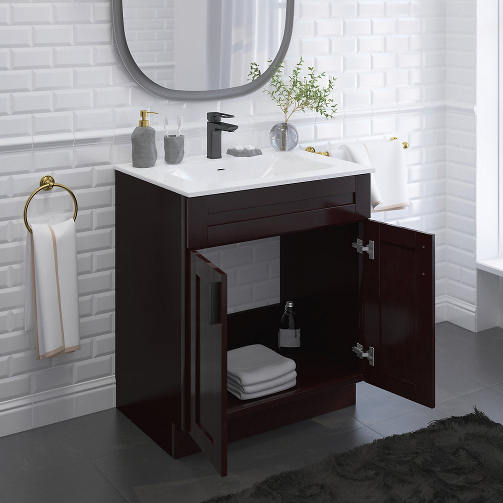RTA Espresso Shaker 30" Freestanding Bathroom Vanity Sink Base with Optional Quartz or Ceramic Countertop