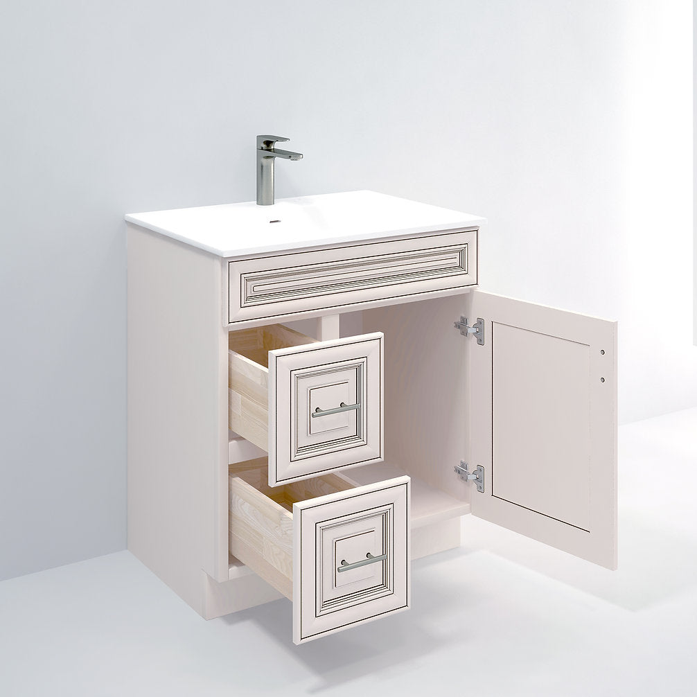 RTA Antique White Raised Panel 30" Freestanding Bathroom Vanity Combo Base with Optional Quartz or Ceramic Countertop