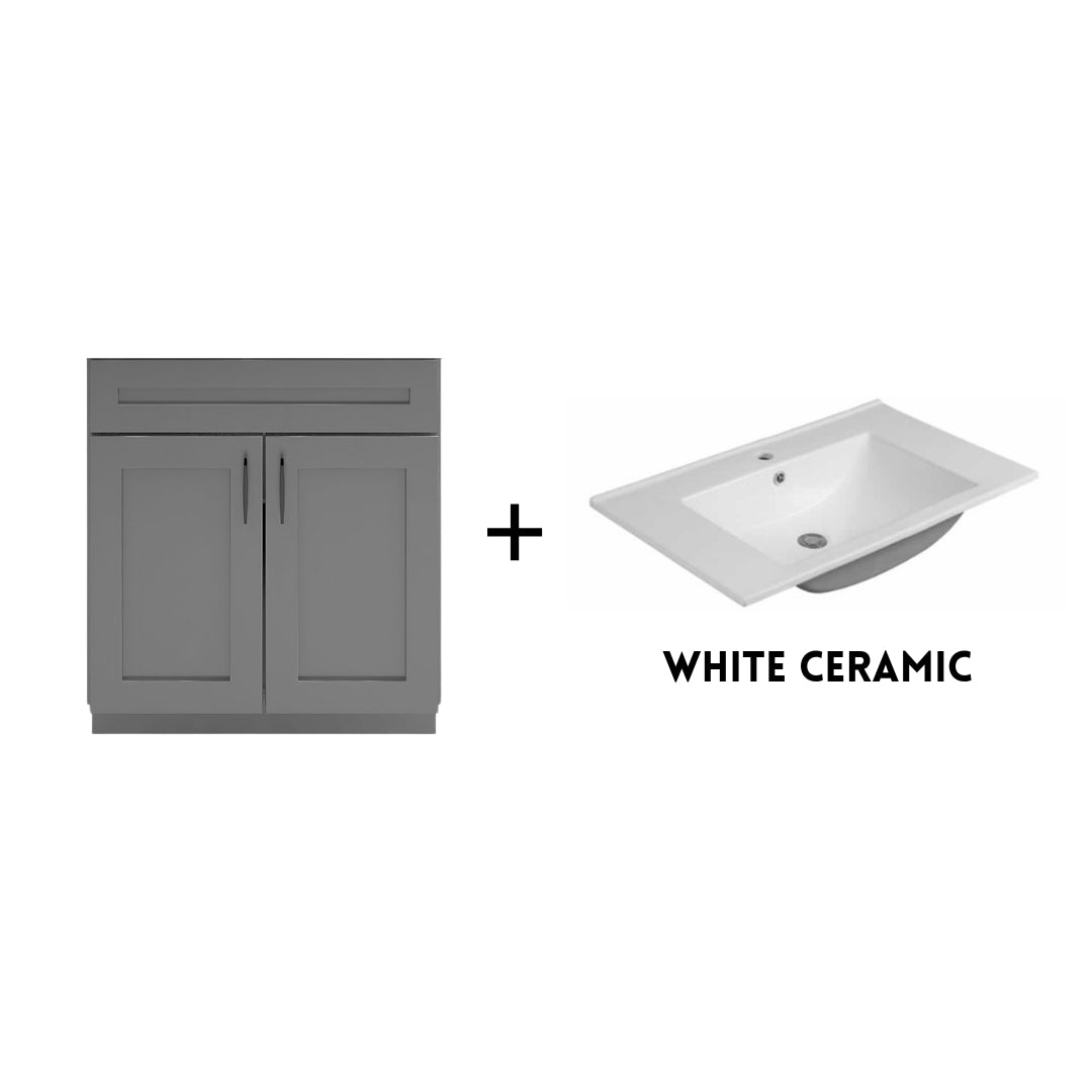 RTA Dark Grey Shaker 30" Freestanding Bathroom Vanity Sink Base with Optional Quartz or Ceramic Countertop