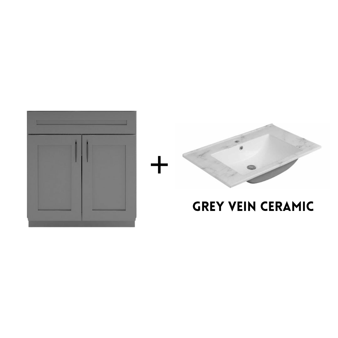 RTA Dark Grey Shaker 30" Freestanding Bathroom Vanity Sink Base with Optional Quartz or Ceramic Countertop