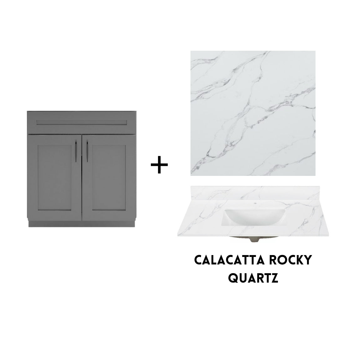 RTA Dark Grey Shaker 30" Freestanding Bathroom Vanity Sink Base with Optional Quartz or Ceramic Countertop