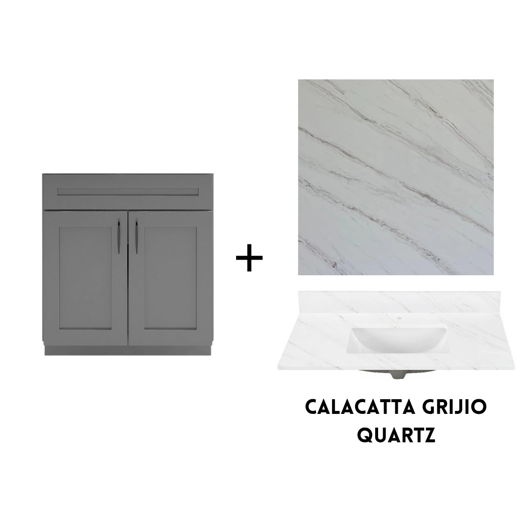 RTA Dark Grey Shaker 30" Freestanding Bathroom Vanity Sink Base with Optional Quartz or Ceramic Countertop