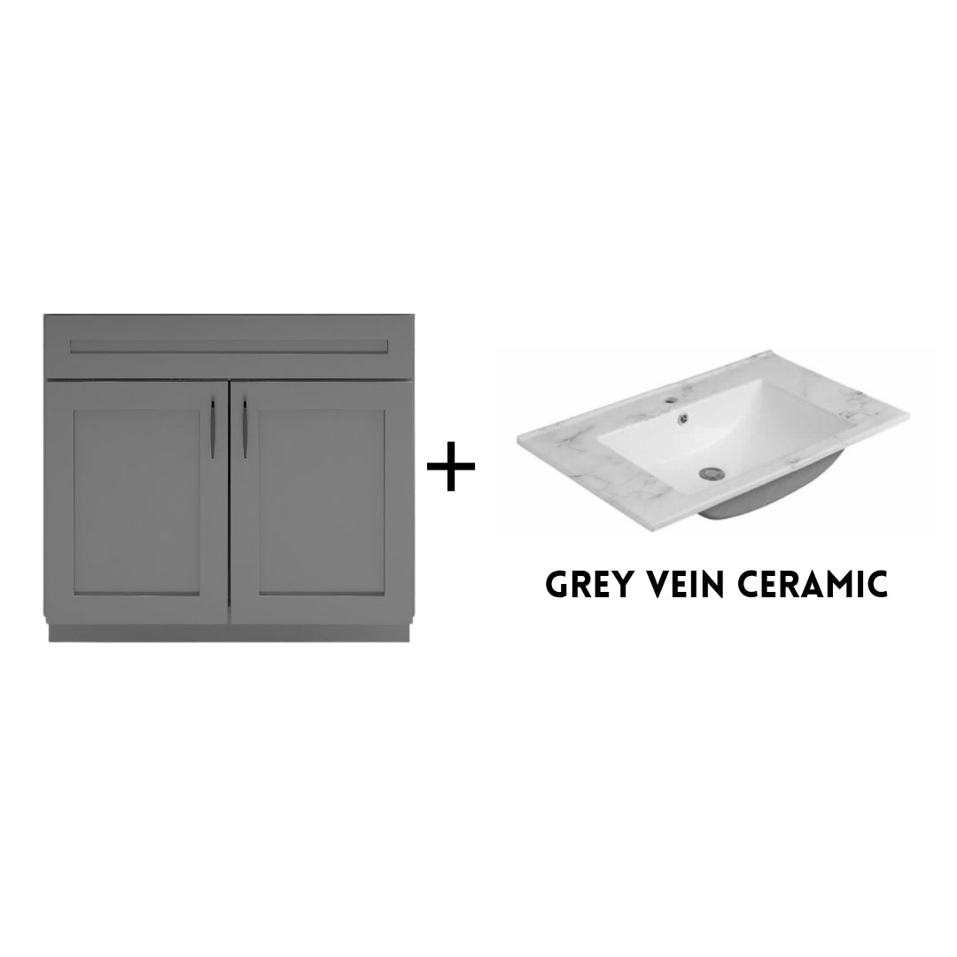RTA Dark Grey Shaker 36" Freestanding Bathroom Vanity Sink Base with Optional Quartz or Ceramic Countertop