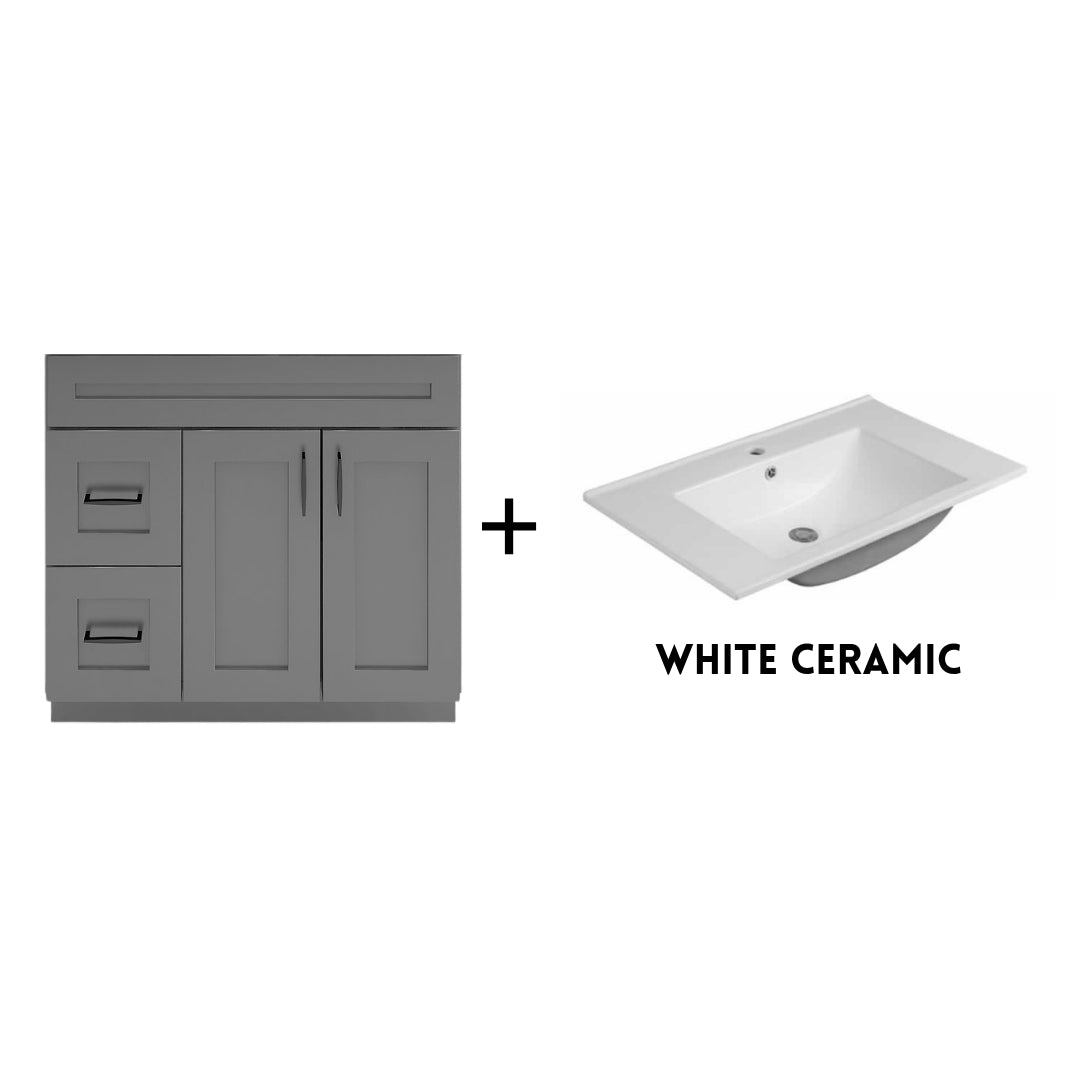 RTA Dark Grey Shaker 36" Freestanding Bathroom Vanity Combo Base with Optional Quartz or Ceramic Countertop