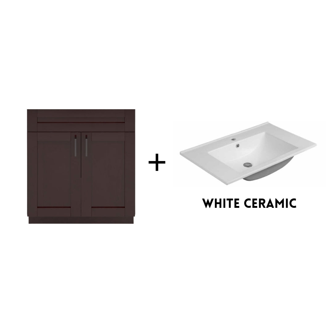 RTA Espresso Shaker 30" Freestanding Bathroom Vanity Sink Base with Optional Quartz or Ceramic Countertop