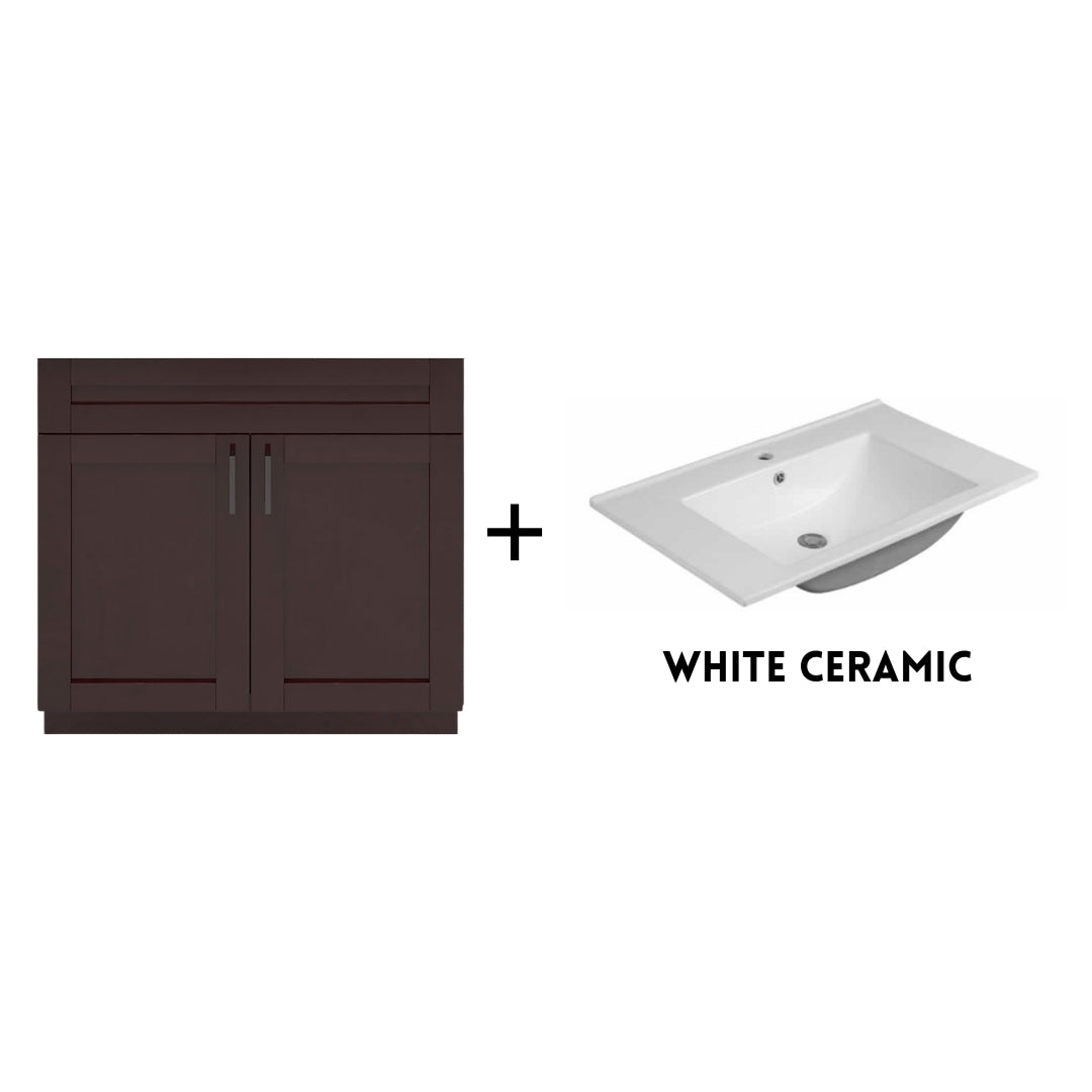 RTA Espresso Shaker 36" Freestanding Bathroom Vanity Sink Base with Optional Quartz or Ceramic Countertop