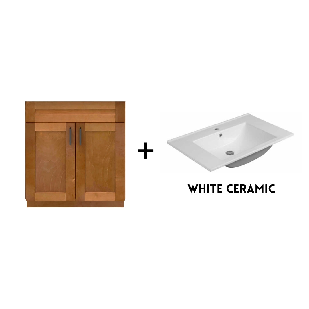 RTA Maple Shaker 30" Freestanding Bathroom Vanity Sink Base with Optional Quartz or Ceramic Countertop