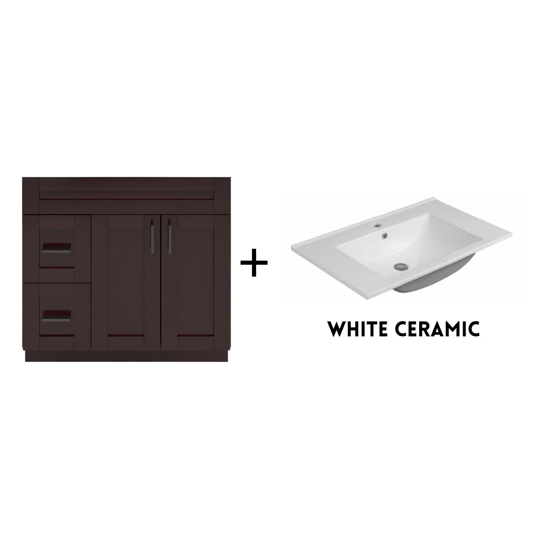 RTA Espresso Shaker 36" Freestanding Bathroom Vanity Combo Base with Optional Quartz or Ceramic Countertop