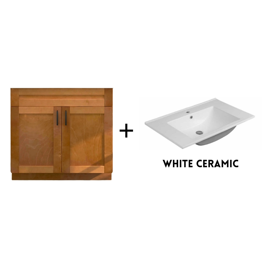 RTA Maple Shaker 36" Freestanding Bathroom Vanity Sink Base with Optional Quartz or Ceramic Countertop