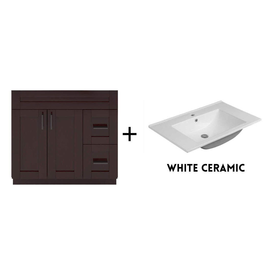 RTA Espresso Shaker 36" Freestanding Bathroom Vanity Combo Base with Optional Quartz or Ceramic Countertop