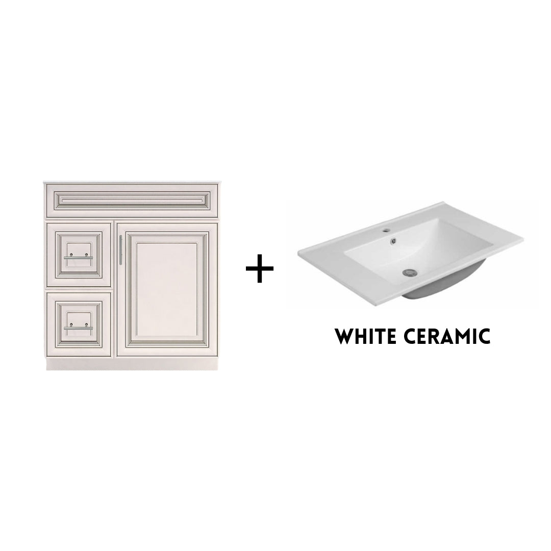 RTA Antique White Raised Panel 30" Freestanding Bathroom Vanity Combo Base with Optional Quartz or Ceramic Countertop