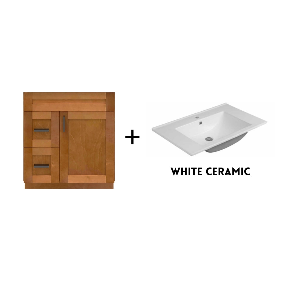 RTA Maple Shaker 30" Freestanding Bathroom Vanity Combo Base with Optional Quartz or Ceramic Countertop