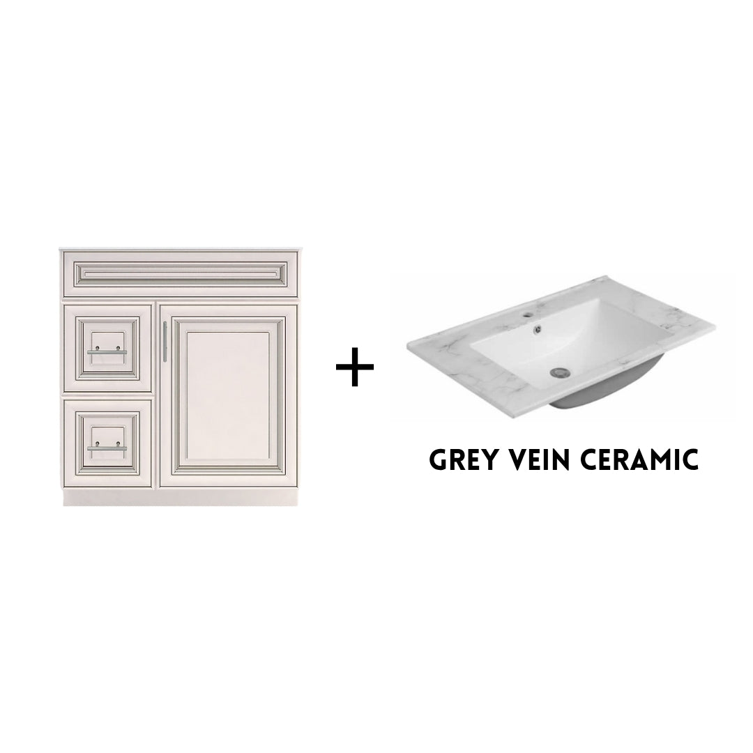 RTA Antique White Raised Panel 30" Freestanding Bathroom Vanity Combo Base with Optional Quartz or Ceramic Countertop