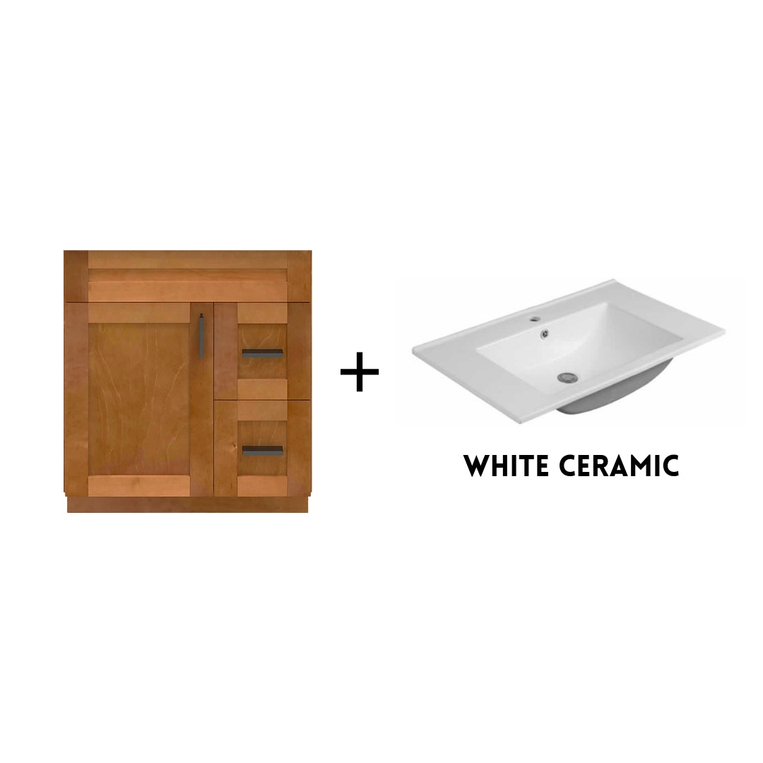 RTA Maple Shaker 30" Freestanding Bathroom Vanity Combo Base with Optional Quartz or Ceramic Countertop