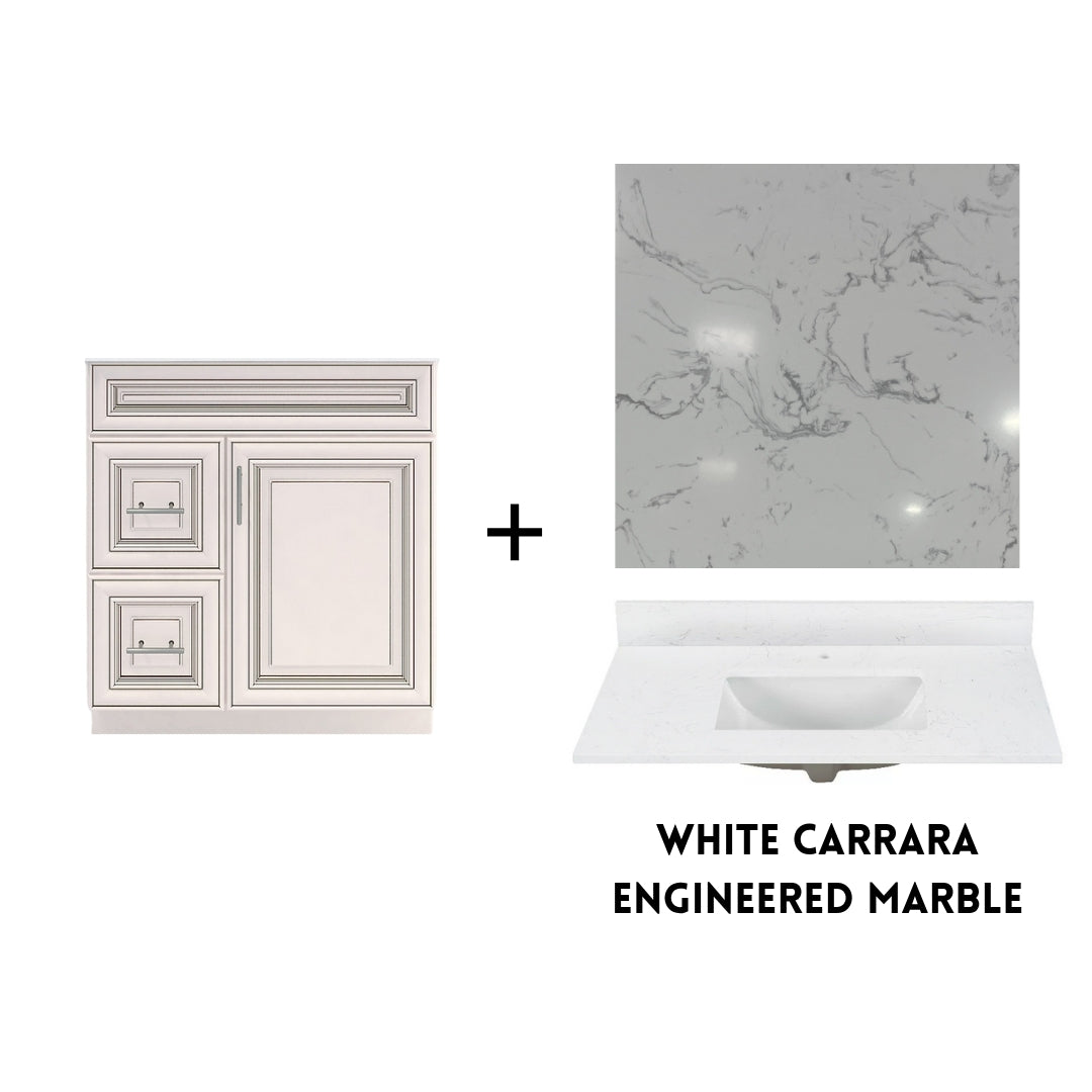 RTA Antique White Raised Panel 30" Freestanding Bathroom Vanity Combo Base with Optional Quartz or Ceramic Countertop