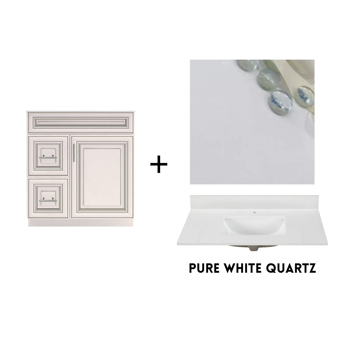 RTA Antique White Raised Panel 30" Freestanding Bathroom Vanity Combo Base with Optional Quartz or Ceramic Countertop