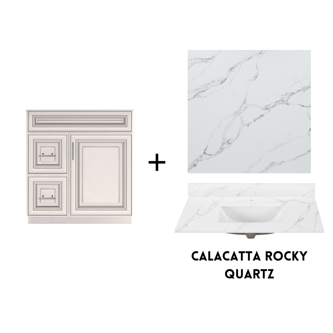 RTA Antique White Raised Panel 30" Freestanding Bathroom Vanity Combo Base with Optional Quartz or Ceramic Countertop