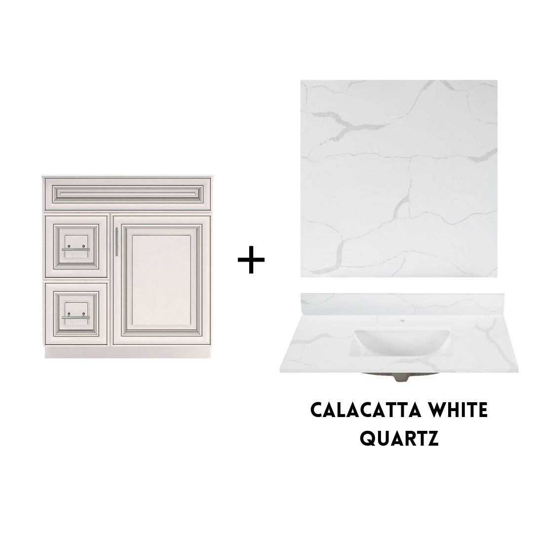 RTA Antique White Raised Panel 30" Freestanding Bathroom Vanity Combo Base with Optional Quartz or Ceramic Countertop