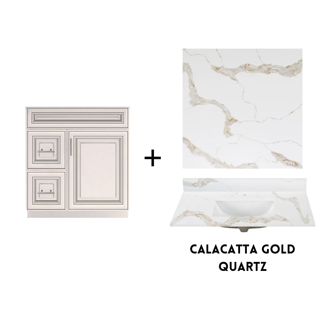 RTA Antique White Raised Panel 30" Freestanding Bathroom Vanity Combo Base with Optional Quartz or Ceramic Countertop