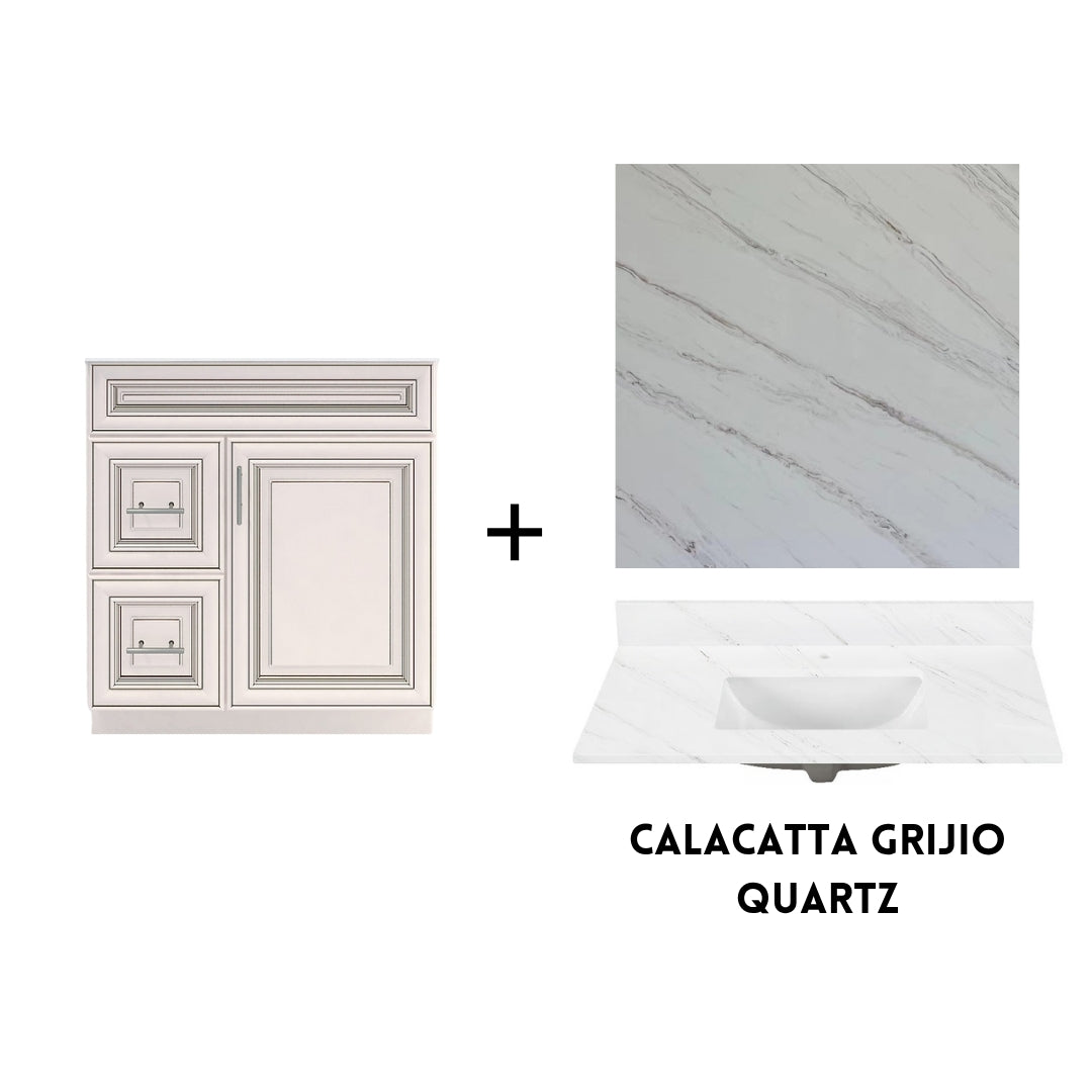 RTA Antique White Raised Panel 30" Freestanding Bathroom Vanity Combo Base with Optional Quartz or Ceramic Countertop