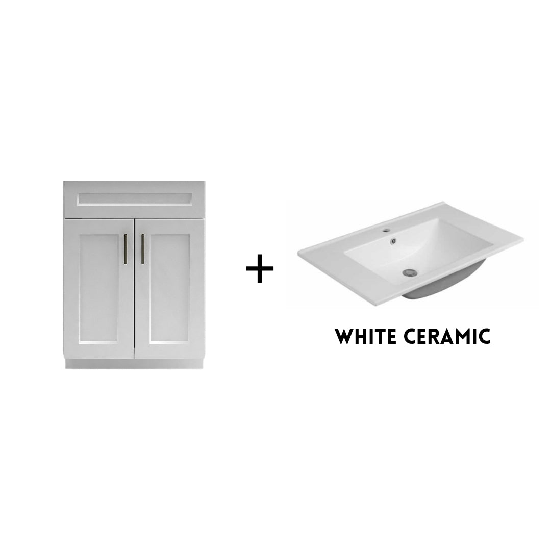RTA White Shaker 24" Freestanding Bathroom Vanity Sink Base with Optional Quartz or Ceramic Countertop