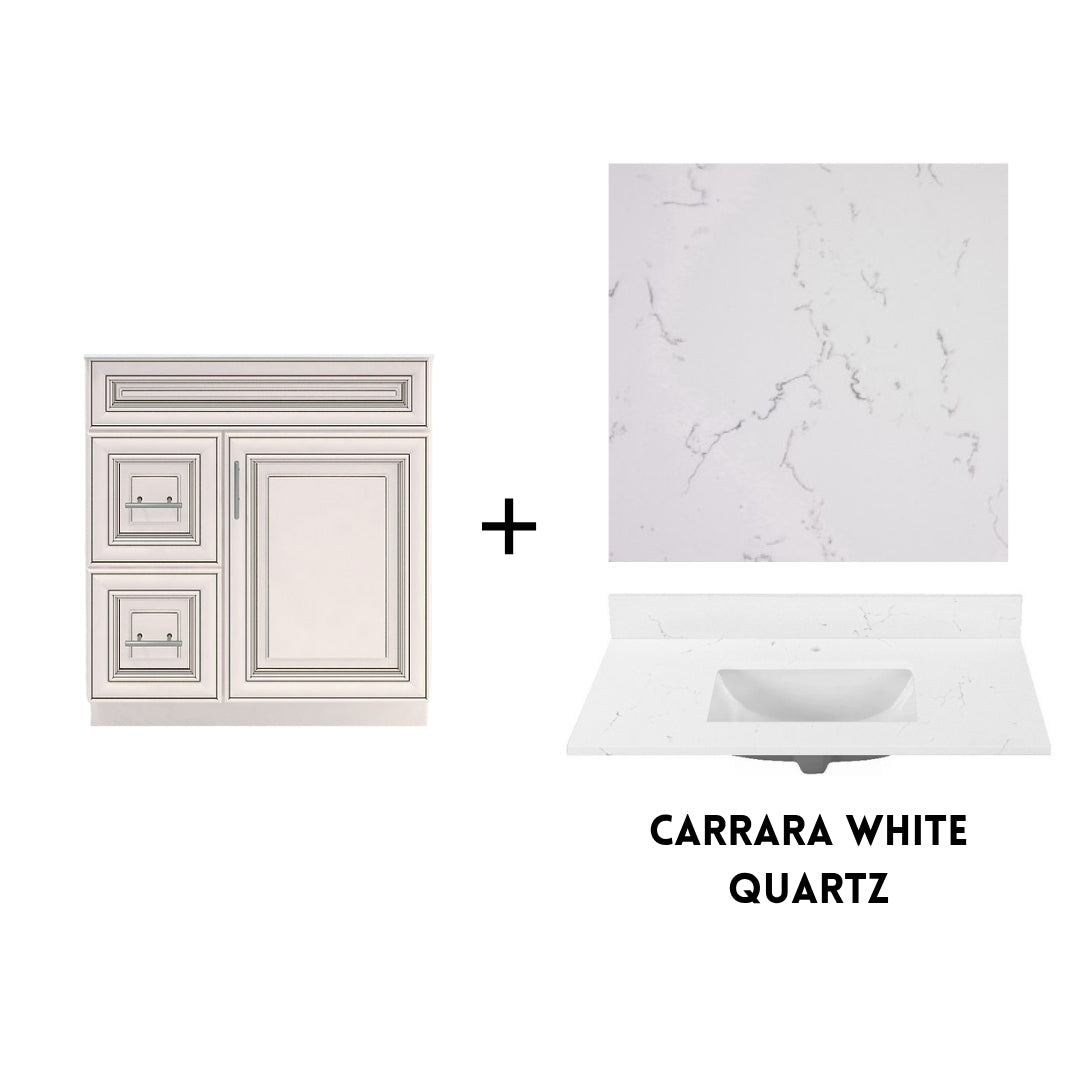 RTA Antique White Raised Panel 30" Freestanding Bathroom Vanity Combo Base with Optional Quartz or Ceramic Countertop