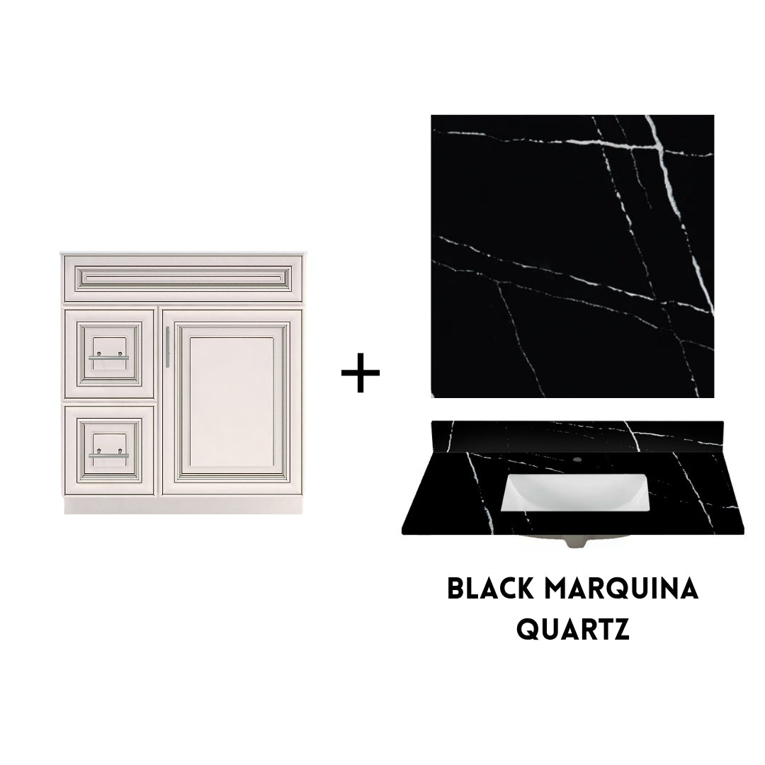 RTA Antique White Raised Panel 30" Freestanding Bathroom Vanity Combo Base with Optional Quartz or Ceramic Countertop