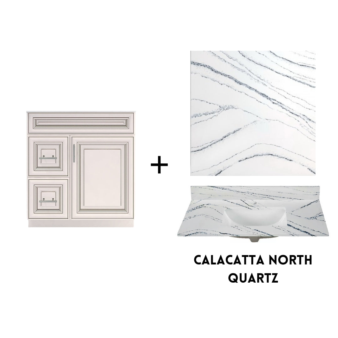 RTA Antique White Raised Panel 30" Freestanding Bathroom Vanity Combo Base with Optional Quartz or Ceramic Countertop