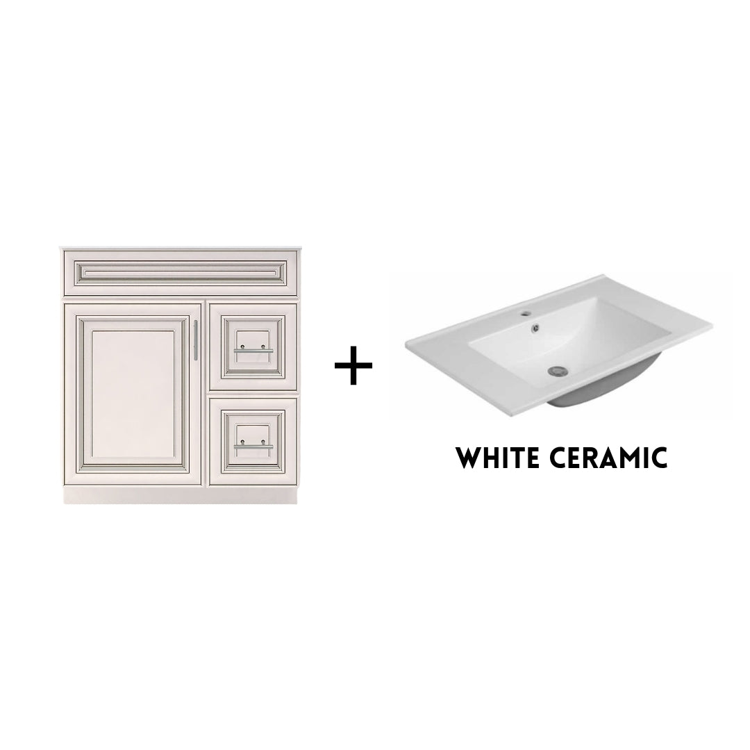 RTA Antique White Raised Panel 30" Freestanding Bathroom Vanity Combo Base with Optional Quartz or Ceramic Countertop