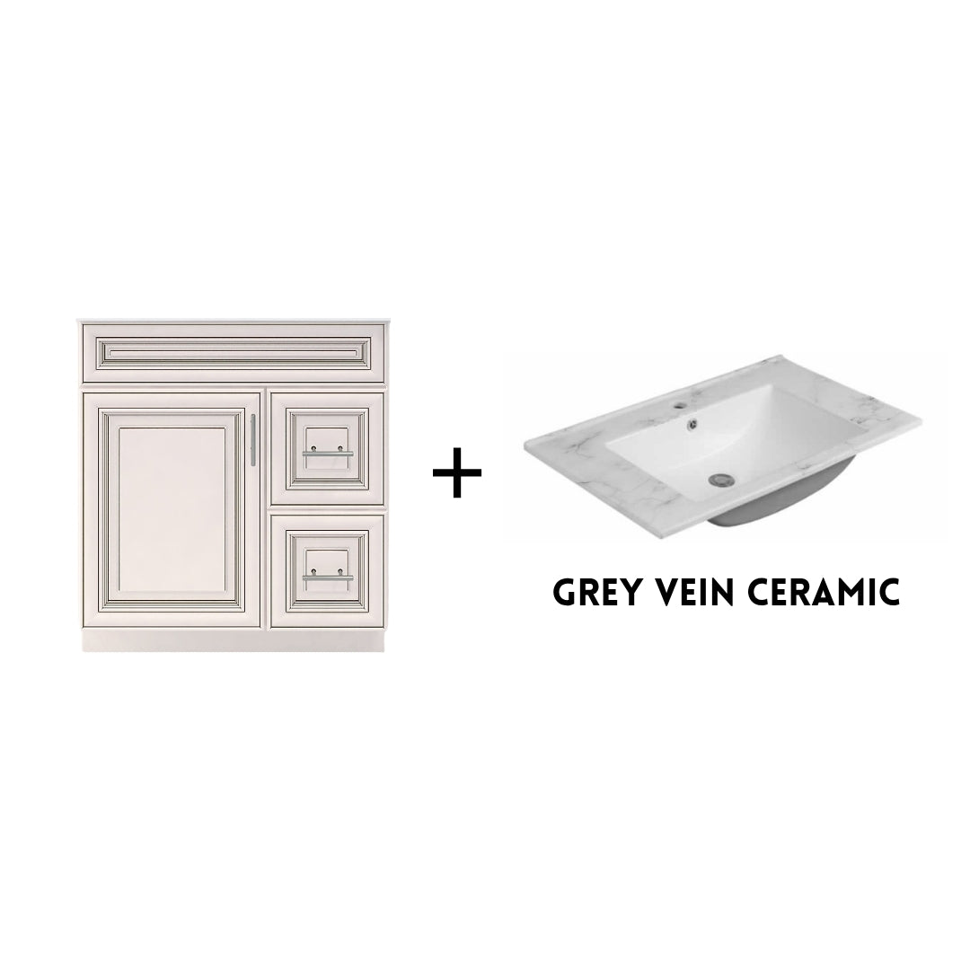 RTA Antique White Raised Panel 30" Freestanding Bathroom Vanity Combo Base with Optional Quartz or Ceramic Countertop