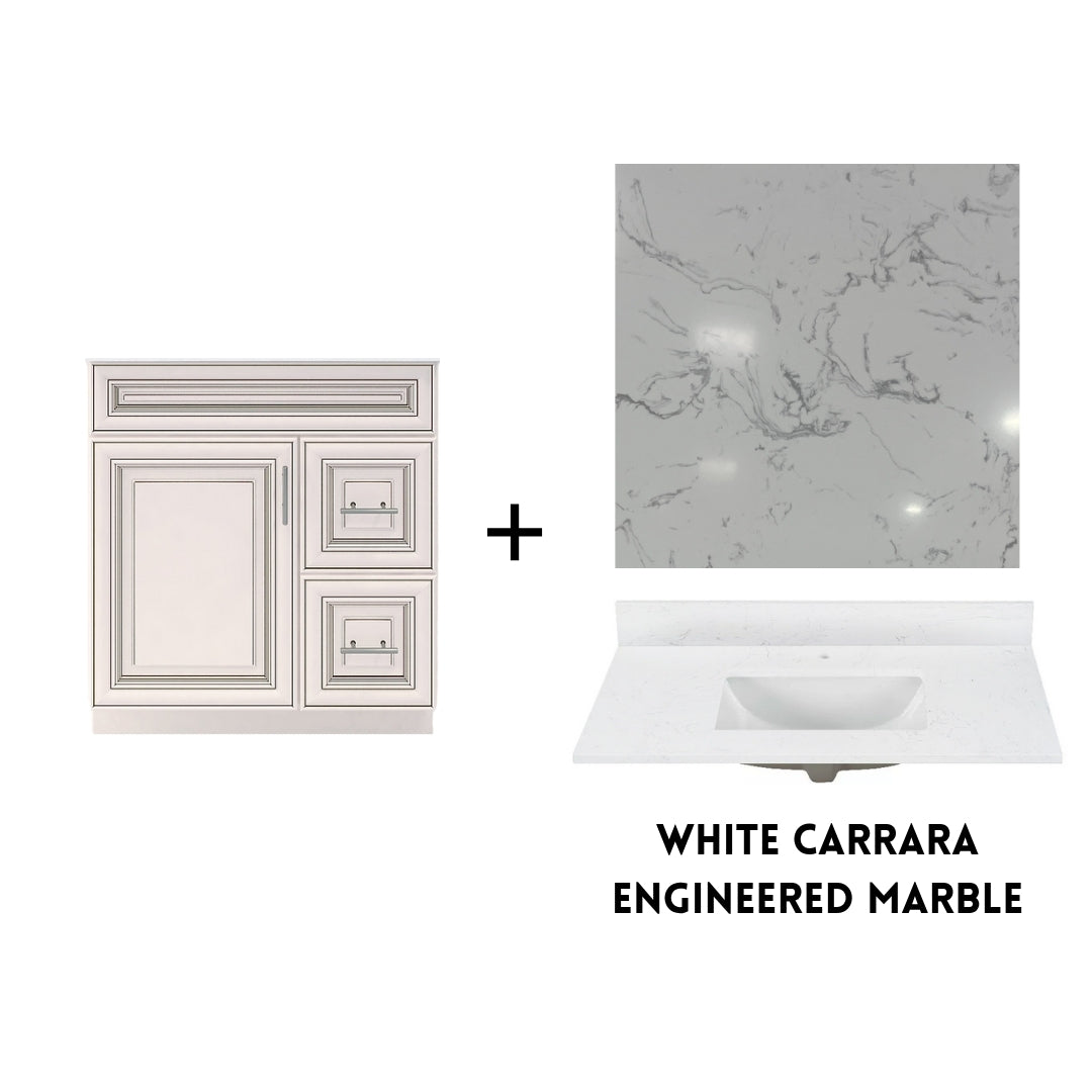 RTA Antique White Raised Panel 30" Freestanding Bathroom Vanity Combo Base with Optional Quartz or Ceramic Countertop