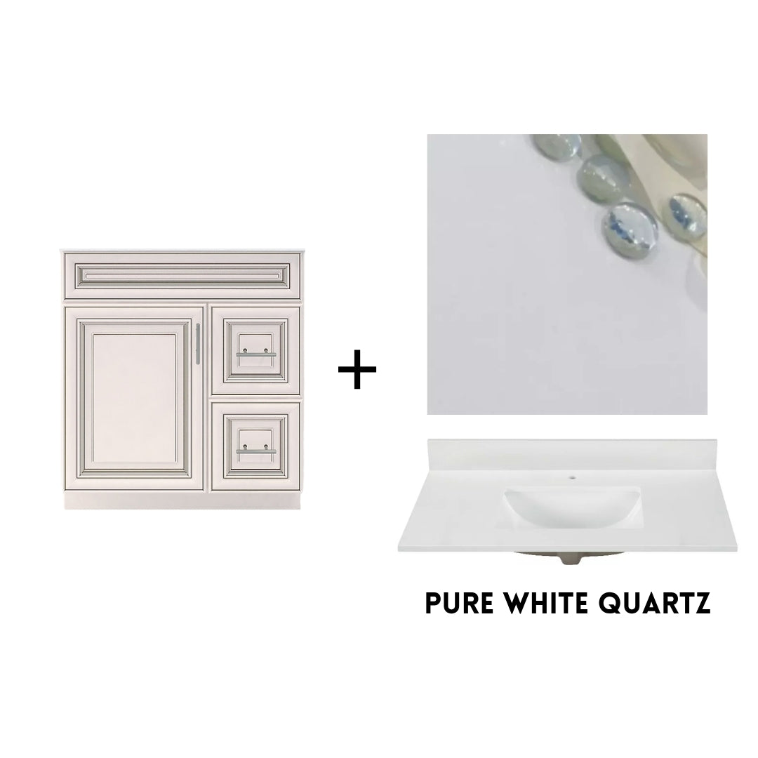 RTA Antique White Raised Panel 30" Freestanding Bathroom Vanity Combo Base with Optional Quartz or Ceramic Countertop