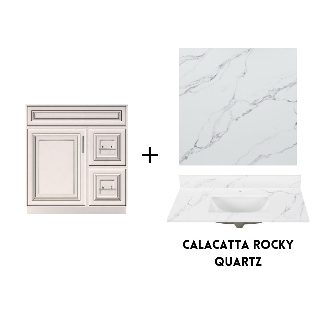 RTA Antique White Raised Panel 30" Freestanding Bathroom Vanity Combo Base with Optional Quartz or Ceramic Countertop
