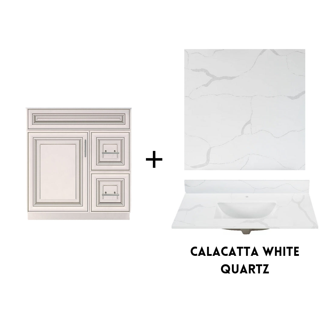 RTA Antique White Raised Panel 30" Freestanding Bathroom Vanity Combo Base with Optional Quartz or Ceramic Countertop