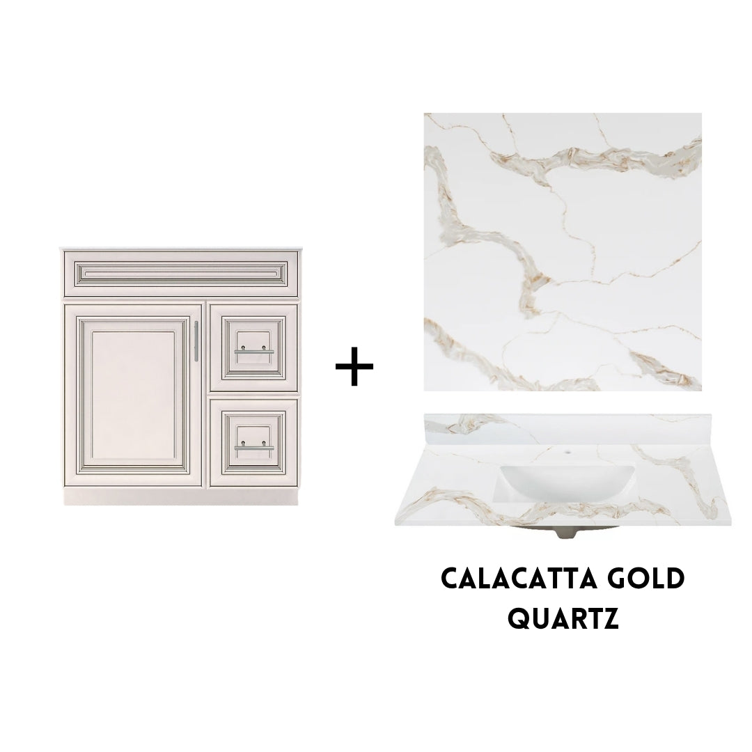 RTA Antique White Raised Panel 30" Freestanding Bathroom Vanity Combo Base with Optional Quartz or Ceramic Countertop
