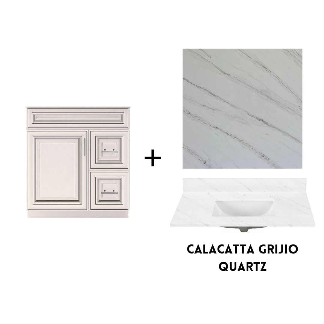 RTA Antique White Raised Panel 30" Freestanding Bathroom Vanity Combo Base with Optional Quartz or Ceramic Countertop