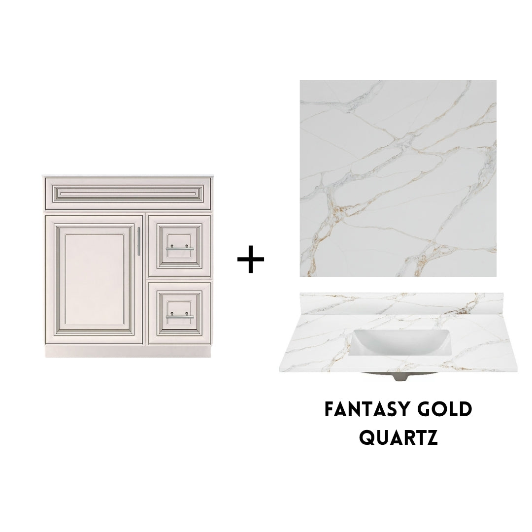RTA Antique White Raised Panel 30" Freestanding Bathroom Vanity Combo Base with Optional Quartz or Ceramic Countertop