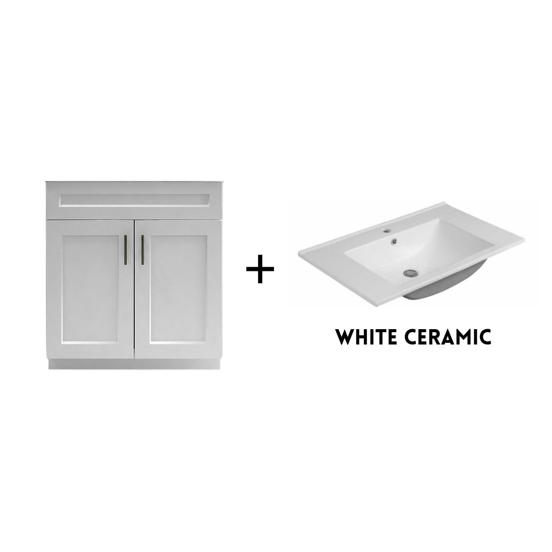 RTA White Shaker 30" Freestanding Bathroom Vanity Sink Base with Optional Quartz or Ceramic Countertop