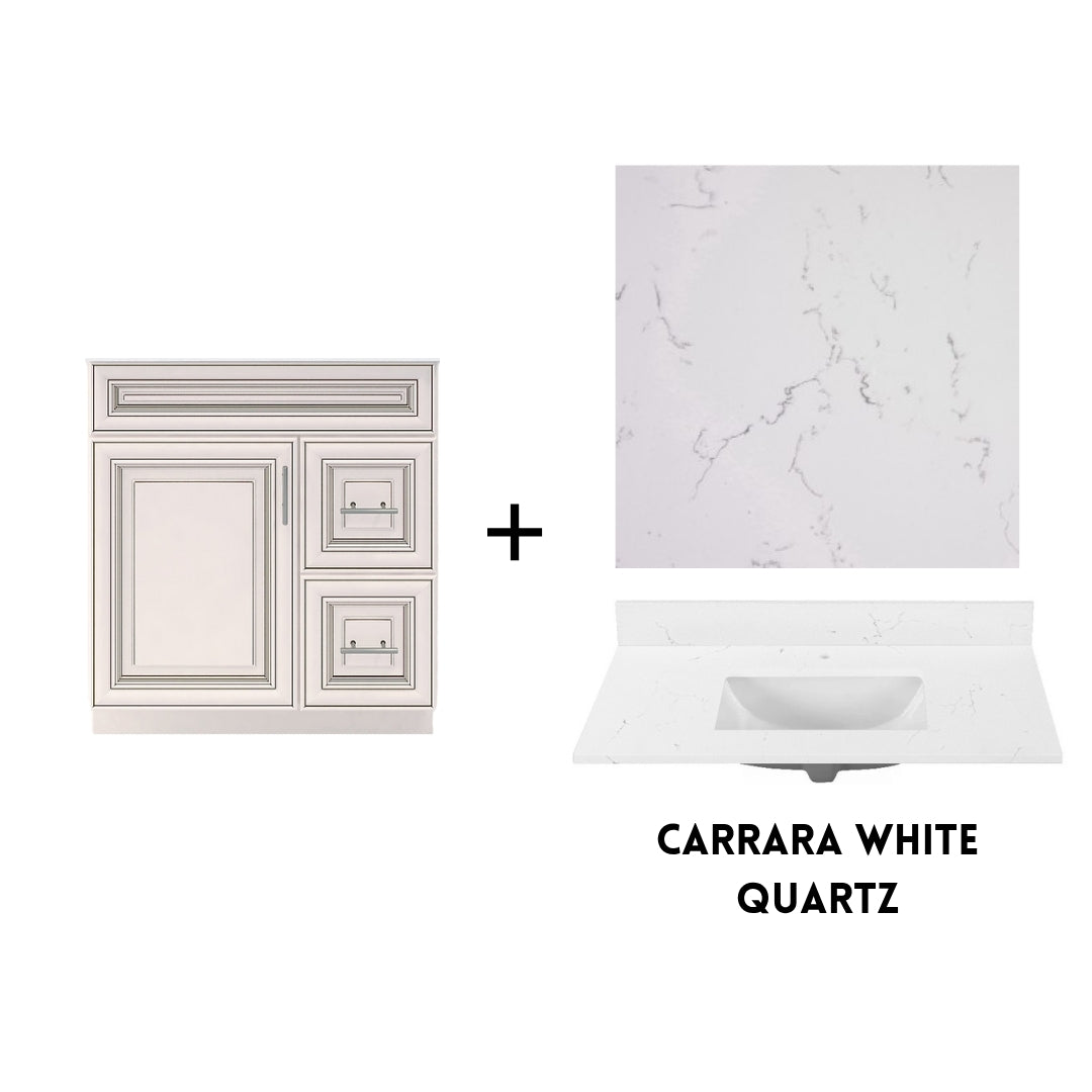RTA Antique White Raised Panel 30" Freestanding Bathroom Vanity Combo Base with Optional Quartz or Ceramic Countertop