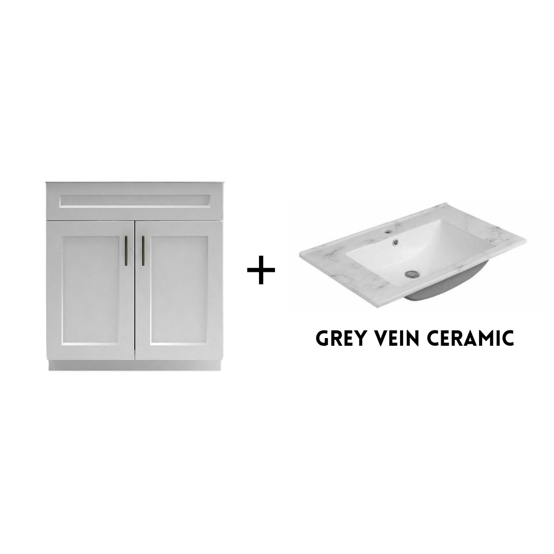 RTA White Shaker 30" Freestanding Bathroom Vanity Sink Base with Optional Quartz or Ceramic Countertop