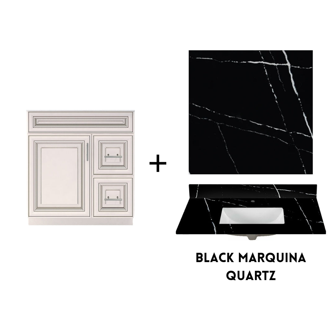RTA Antique White Raised Panel 30" Freestanding Bathroom Vanity Combo Base with Optional Quartz or Ceramic Countertop