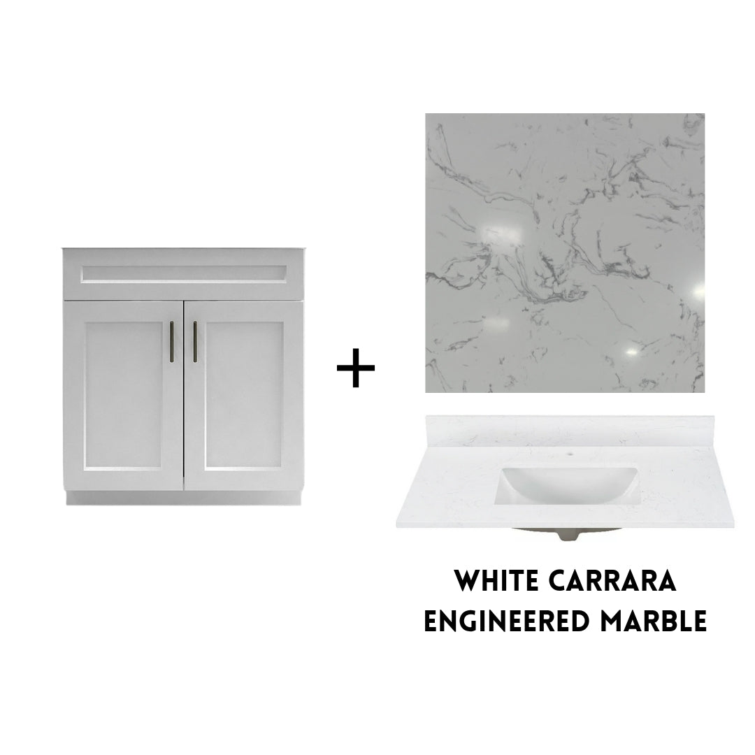 RTA White Shaker 30" Freestanding Bathroom Vanity Sink Base with Optional Quartz or Ceramic Countertop