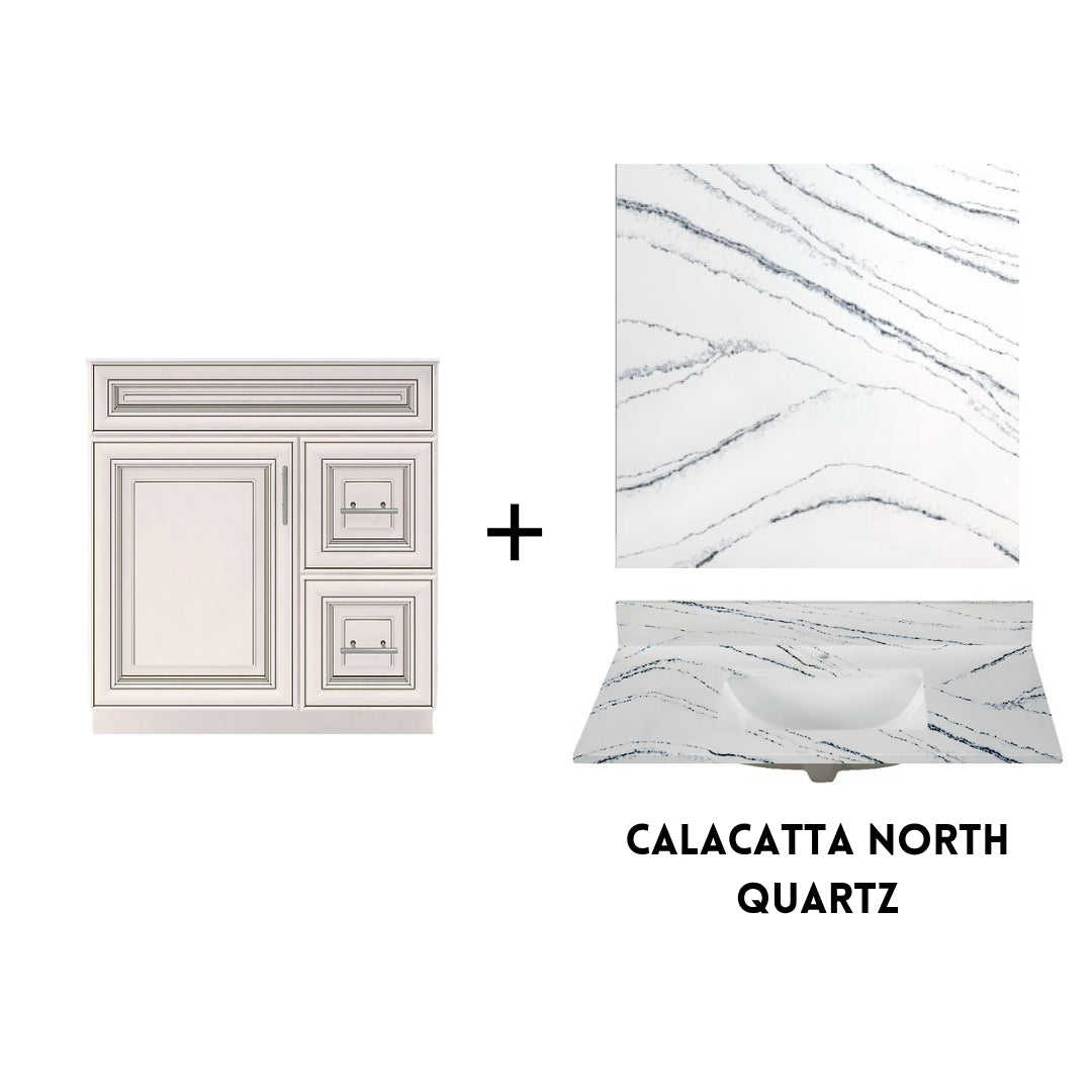 RTA Antique White Raised Panel 30" Freestanding Bathroom Vanity Combo Base with Optional Quartz or Ceramic Countertop