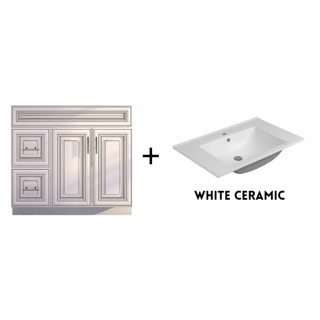 RTA Antique White Raised Panel Shaker 36" Freestanding Bathroom Vanity Combo Base with Optional Quartz or Ceramic Countertop