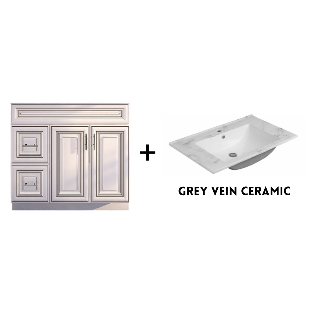 RTA Antique White Raised Panel Shaker 36" Freestanding Bathroom Vanity Combo Base with Optional Quartz or Ceramic Countertop