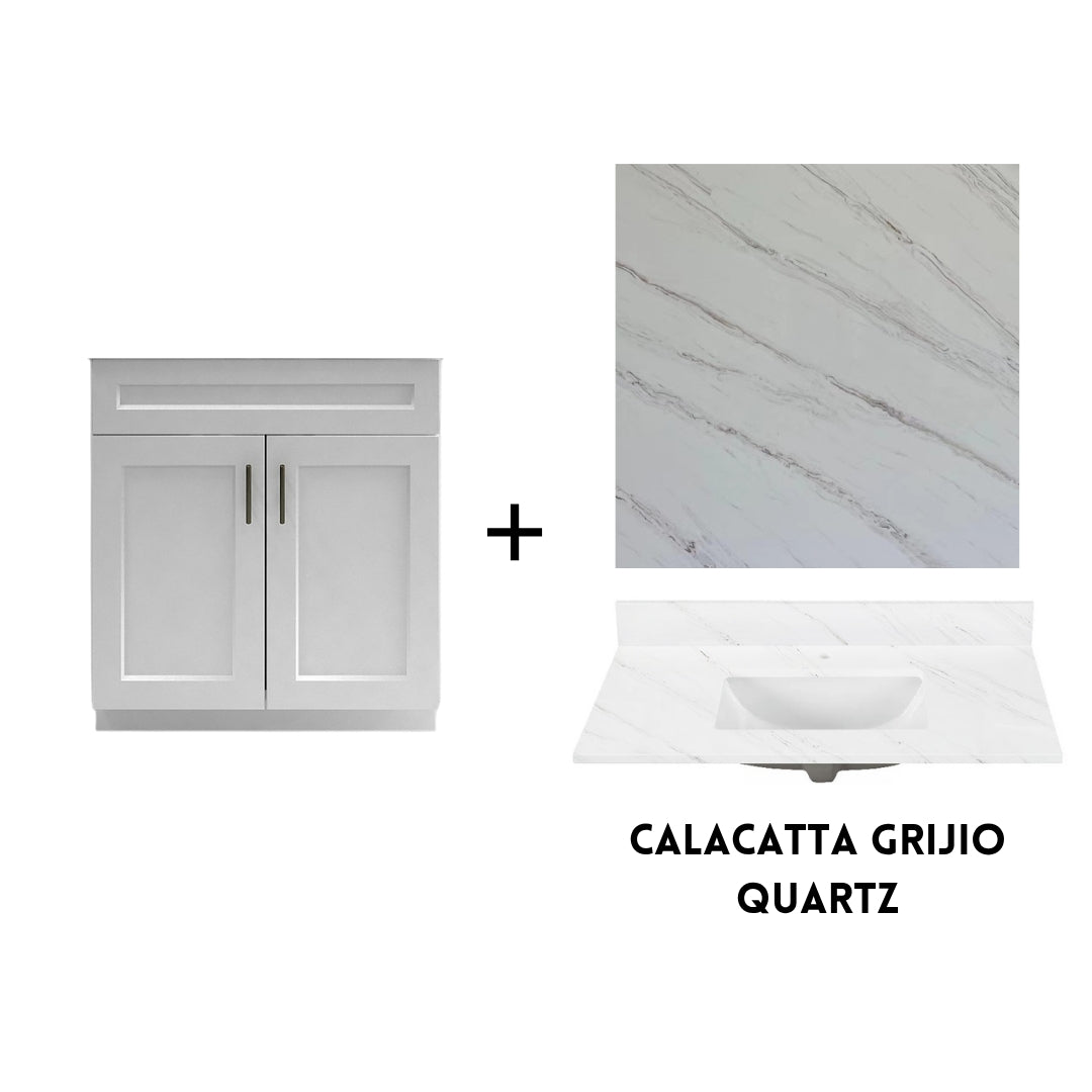 RTA White Shaker 30" Freestanding Bathroom Vanity Sink Base with Optional Quartz or Ceramic Countertop