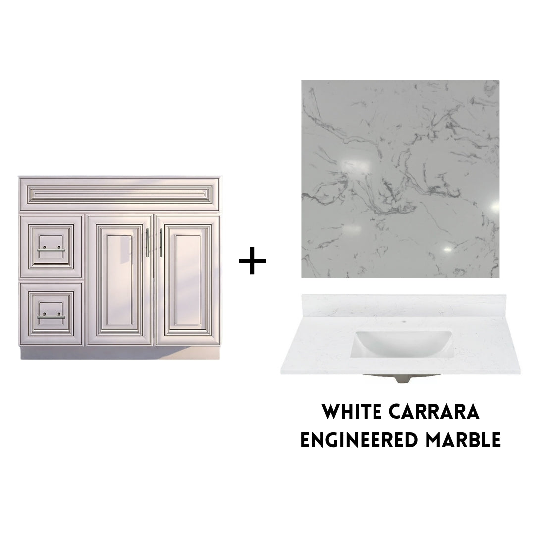 RTA Antique White Raised Panel Shaker 36" Freestanding Bathroom Vanity Combo Base with Optional Quartz or Ceramic Countertop