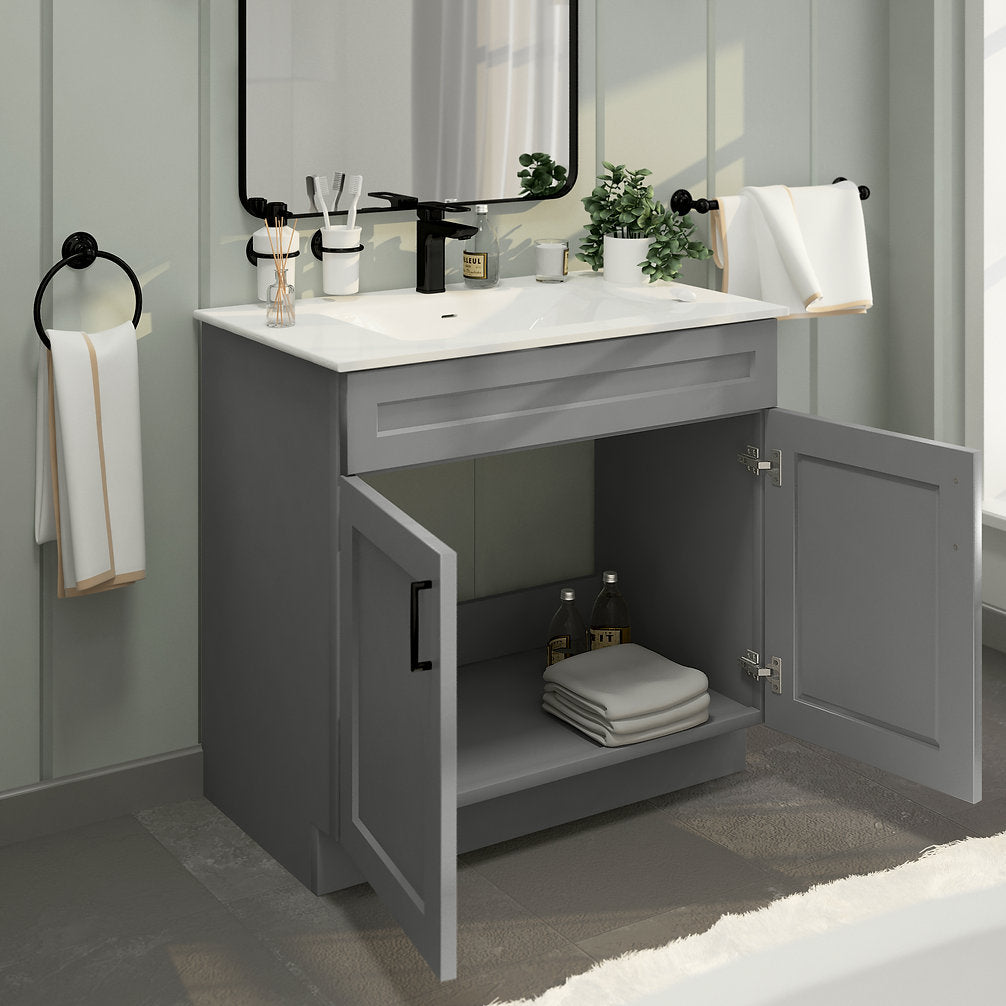RTA Light Grey Shaker 36" Freestanding Bathroom Vanity Sink Base with Optional Quartz or Ceramic Countertop