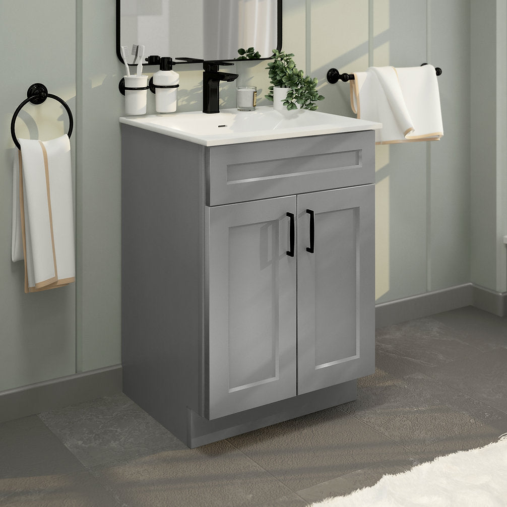 RTA Light Grey Shaker 24" Freestanding Bathroom Vanity Sink Base with Optional Quartz or Ceramic Countertop